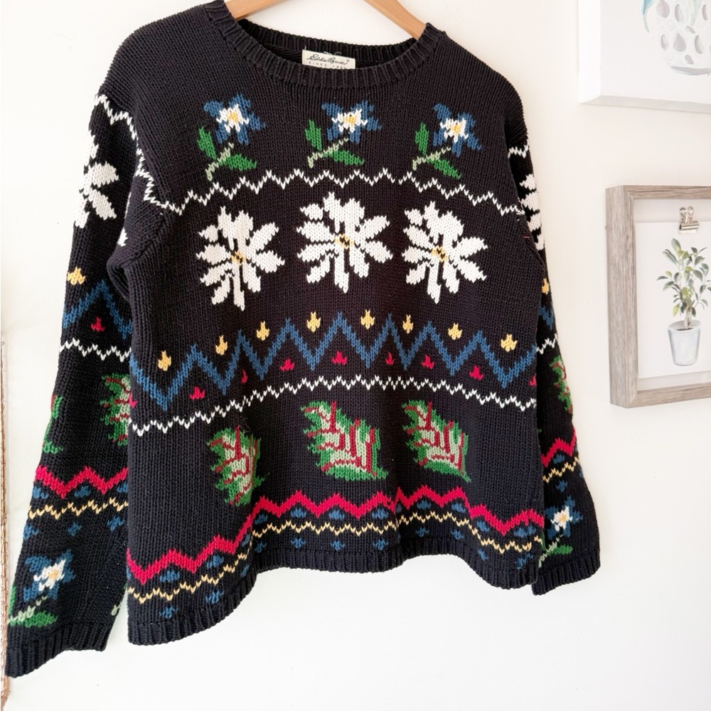 Eddie Bauer 90s Vintage Folk Art Floral Cotton Sweater Made in Hong Kong Size S - Picture 8 of 14